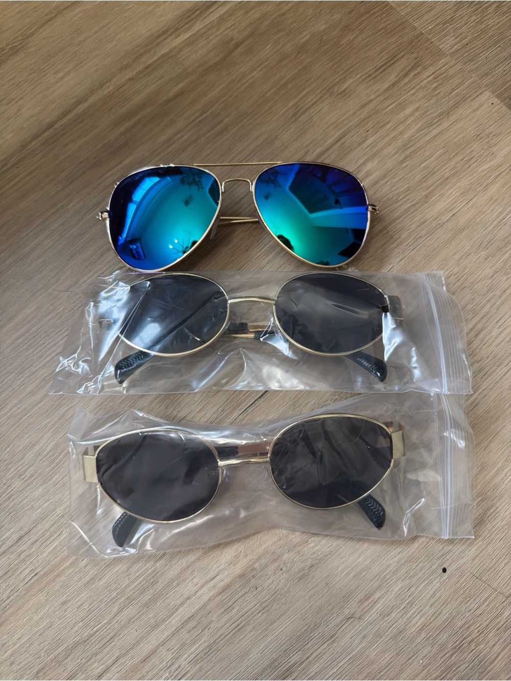 Sunglasses Lot - 3 Pairs (Aviator & Oval Styles) Gold Frames